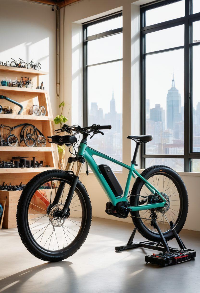 A sleek e-bike in a bright, sunlit workshop surrounded by tools, with a mechanic expertly adjusting its components. Showcase essential maintenance items like lubricants and tire pressure gauges nearby, emphasizing the importance of upkeep. The backdrop features a vibrant cityscape through large windows, symbolizing the freedom of riding. Include hints of nature with greenery visible outside. super-realistic. vibrant colors. natural lighting.