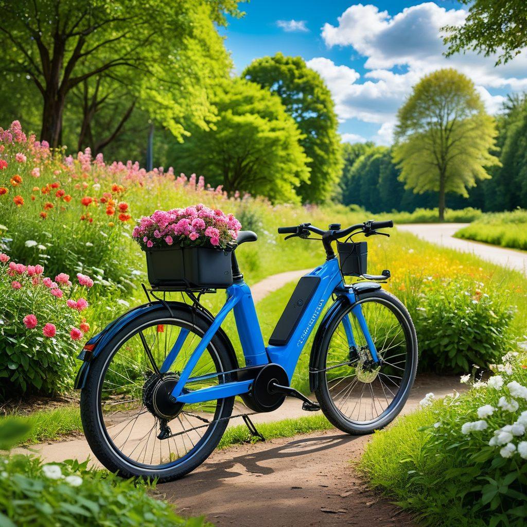 A vibrant scene featuring an eco-friendly electric bicycle parked in a lush, green park surrounded by blooming flowers and tall trees. The bicycle is adorned with solar panels and a stylish helmet resting on the seat, alongside tools for maintenance like a pump and a toolbox. Bright blue skies with fluffy white clouds enhance the serene atmosphere, and a distant cyclist enjoys a smooth ride down a nature trail. super-realistic. vibrant colors. outdoor setting.