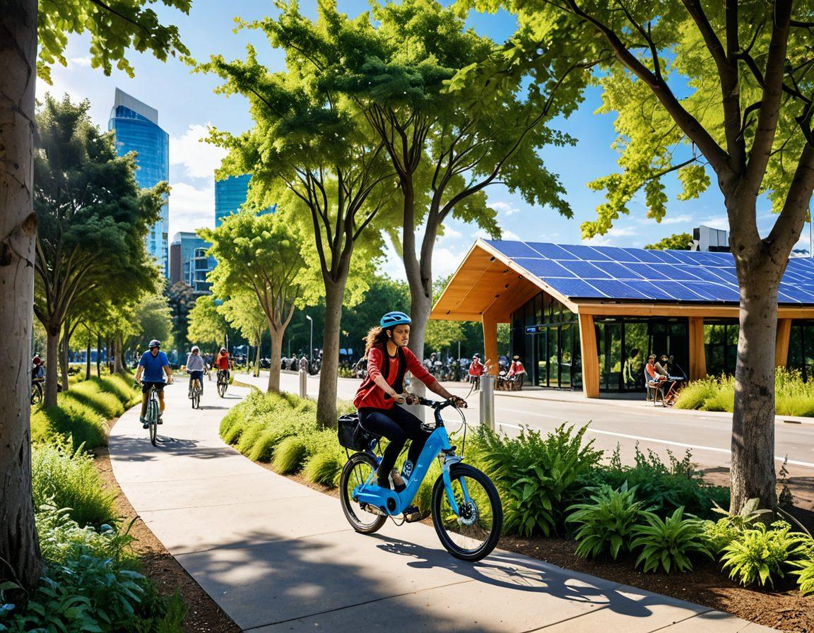 A futuristic electric bicycle on a winding scenic trail surrounded by lush greenery and solar panels, showcasing innovation in design. In the background, a diverse group of people enthusiastically riding electric bikes, representing community and sustainable transportation. Vibrant blue skies and dynamic clouds to convey a sense of progress and optimism. Ultra-modern city skyline peeking through the trees, symbolizing urban eco-friendliness. high detail. vibrant colors. super-realistic.